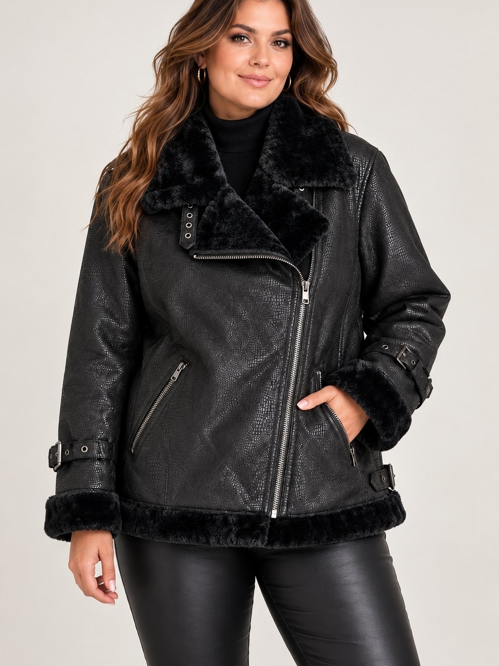 Hutch Rhys Faux Shearling Moto Jacket Black Plus Size 1X